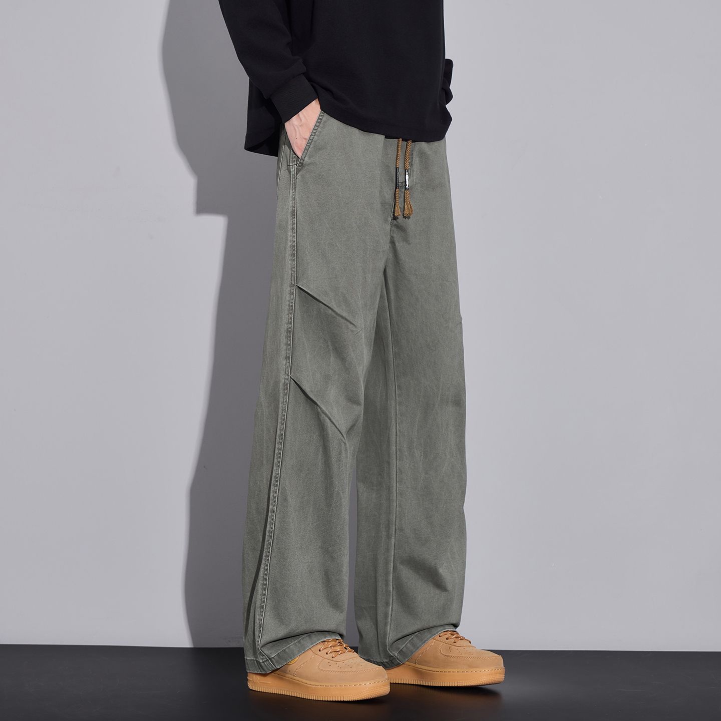 2025 Men's wide-leg casual pants, loose pure cotton long pants, trendy and retro autumn and winter new straight-leg pants, floor-length pants--12