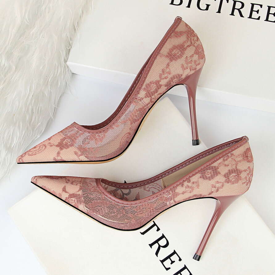 Women's Chic Designer Shoe Sexy Slimming Thin High Heel Pointed Toe Shallow Mouth Mesh Hollow Lace Versatile Single Shoes