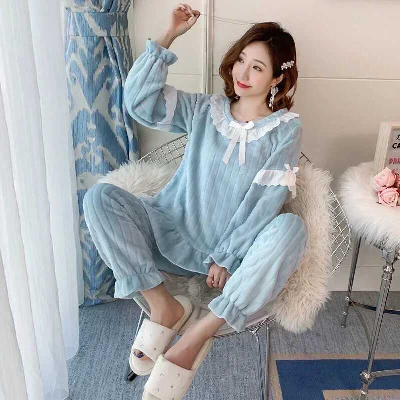 Square Collar Women Pajamas Set Winter Warm Sleepwear Fleece Velvet 2 Piece Pants Home Wear Suit Fluffy Korean Solid Night WearT251029