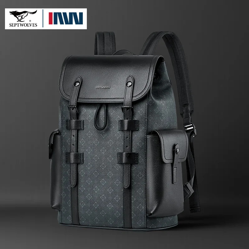 Septwolves High Quality Business Printed Leather Backpack Man Drawstring Flip Monogram Laptop Bags Print Work Rucksack 251018