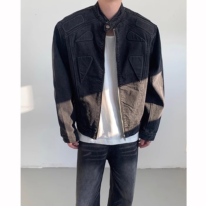 Korean Style Niche Short Three-dimensional Deconstructed Padded Shoulder Denim Jacket For Men Loose Fit Handsome Stand Collar Designer Jacket Motorcyc