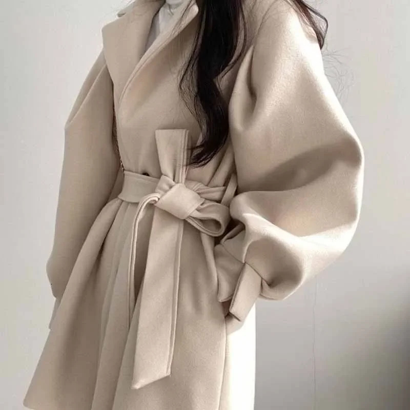 Smvp Button Laceup Woolen Coat For Women Elegant Solid Pocket Short Trench Jacket Autumn Winter Warm High Street Outwear 251029