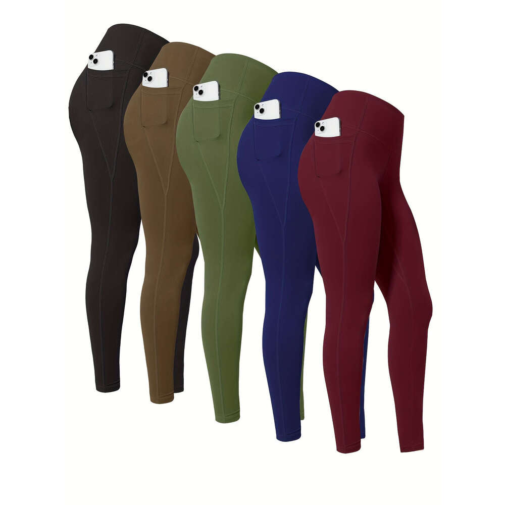 5pcs Multi-Color Pack Maroon/Blue/Black/Olive Women's High-Waisted Leggings with Side Pockets - Non-See-Through & Pants, Stretchy Cropped Bottoms