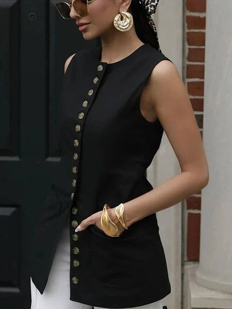 Elegant Single Breasted Long Vest Women Summer Oneck Sleeveless Slim Back Lace Up Tank Tops Fashion Lady Office Waistcoat 251029