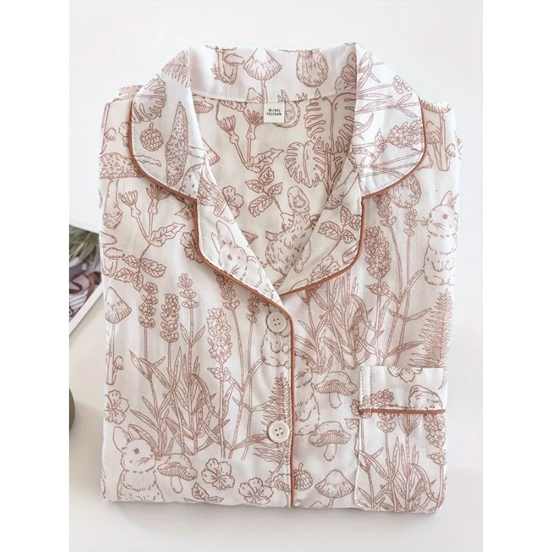 Womens Pajama Set 100 Cotton Gauze Sleepwear Long Sleeve Loose Fit Two Piece Comfortable Breathable Nightwear Loungewear 251029