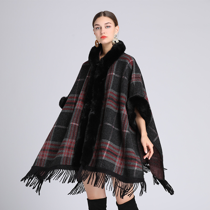 European and American designer style autumn and winter new item imitation Rex rabbit skin collar hooded shawl women's wool coat plus size cardiga