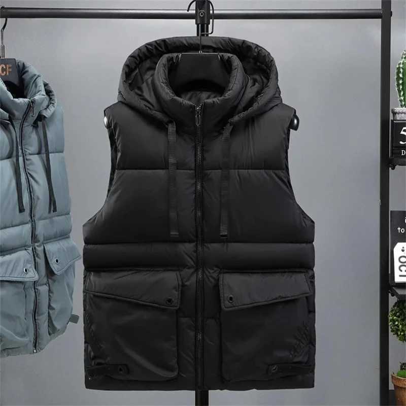 Mens Hooded Vest Winter Zipper Warm Stand Collar Waistcoat Men Cotton Padded Sleeveless Jackets with Big Pockets 2025 W251029