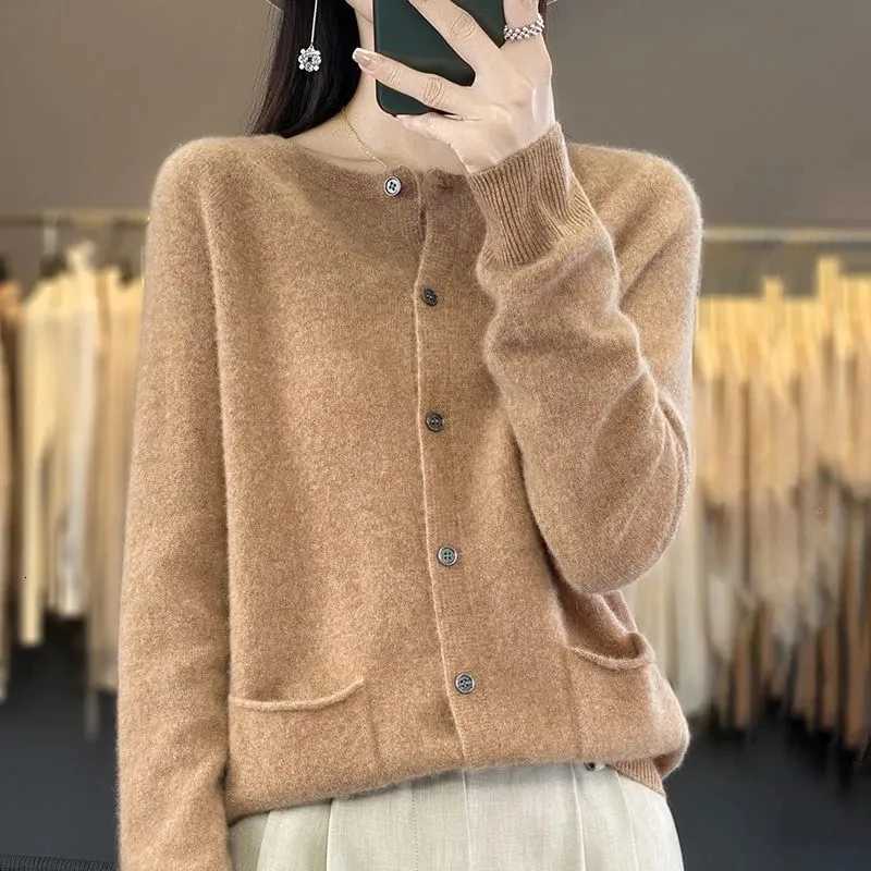 Fashion Women 100 Merino Wool Cardigans Cashmere Sweater Autumn Winter Oneck Long Sleeve Knitwear Female Basic Clothing TopsT251028
