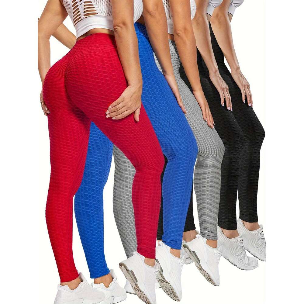 5pcs High Waist Honeycomb Sports Running Leggings, Women's Fiess Yoga Tight Pants Activewear