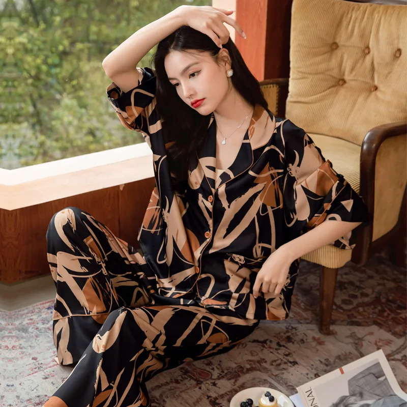 Premium Womens Ice Silk Pajama Set Lightweight Long Sleeve Loungewear Fashionable n ious Comfort for Homewear 251029