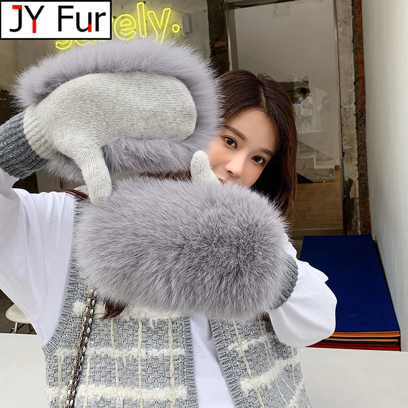 Women 100 Real Knitted Thick Genuine Fox Fur Mittens Winter Warm Lady Real Fur Gloves Knit Fur Mitten 251029