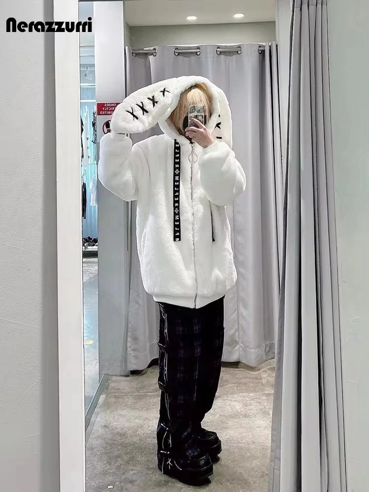 Nerazzurri Winter Sweet Cute Kawaii Soft Thick Warm White Faux Fur Coat Women with Bunny Ears Cute Fluffy Jacket Hoodie 251029