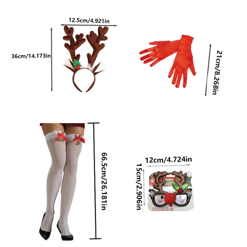Four Christmas-themed costumes, including gloves, high socks and glasses, are perfect for Christmas party supplies and women's gifts