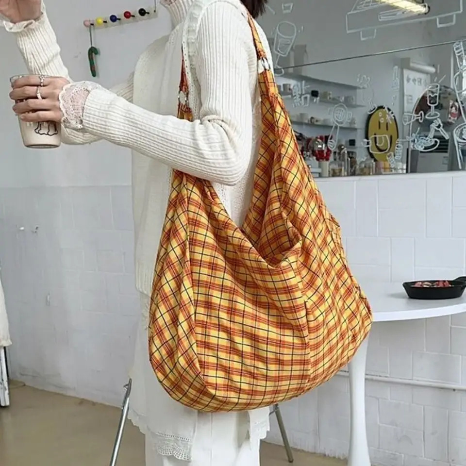 Retro Plaid Tote Bag Plaid Shoulder Bags Canvas Underarm Bag Large Capacity NonAdjustable Strap Singleshoulder Bag Commuting 251029