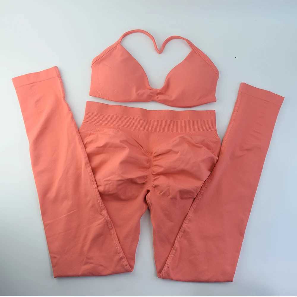 2PCS Strappy Bra SET Gym Top Thin Strap Seamless Scrunch Workout Yoga Women High Support Halter Sports Bras NoXJ251029