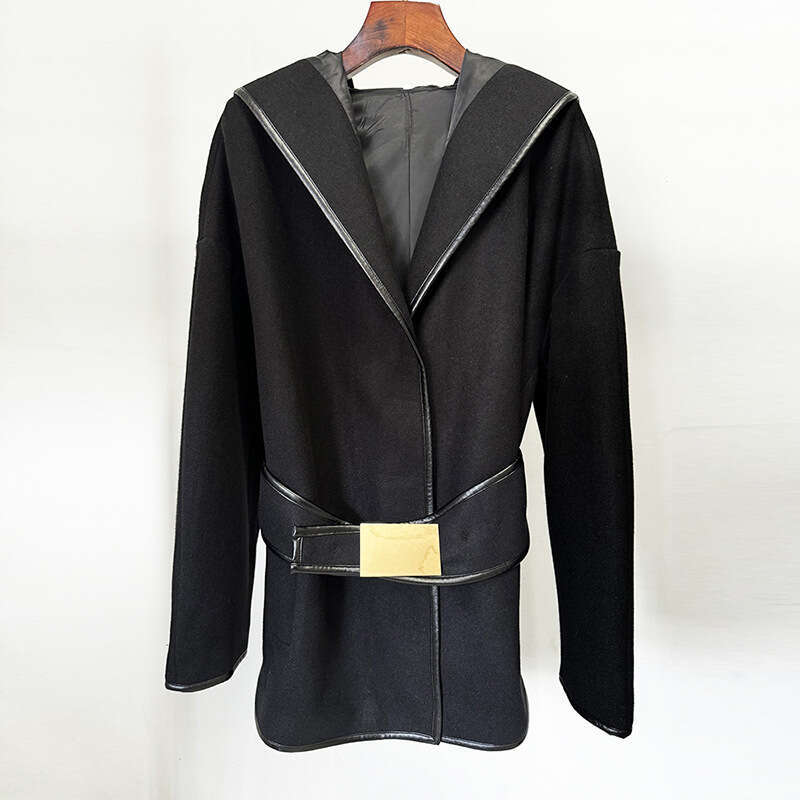 2025 New Celebrity Hooded Belted Batwing Sleeve Mid-Length Woolen Jacket Coat