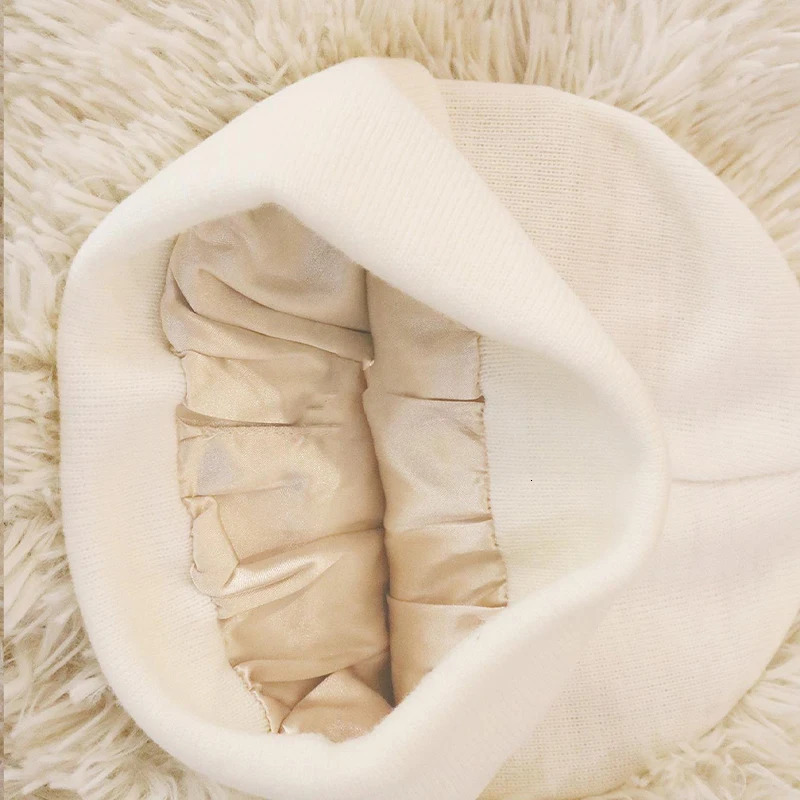 Embroidered Letter Beanies Bonnet For WomenMen 2Layer Silk Satin Lined Anti Static Knitted Hat Autumn Winter SKi Skullies Cap 251013