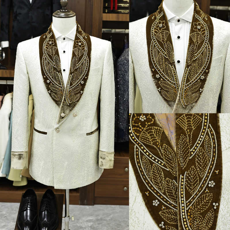 Fashion Wedding Groom Tuxedo for Man 2 Piece Blazer Pants Shawl Lapel Jacquard Rhinestones Formal Occasion Business Office Wear Customized
