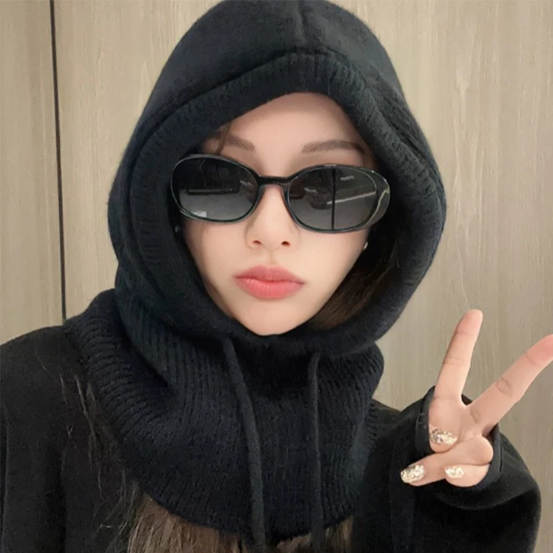 Knitted Hooded Caps Winter Balaclava Hats Women Korean Style Outdoor Warmer Drawstring Hats Onepiece Neck Collar Beanies Cap 251029