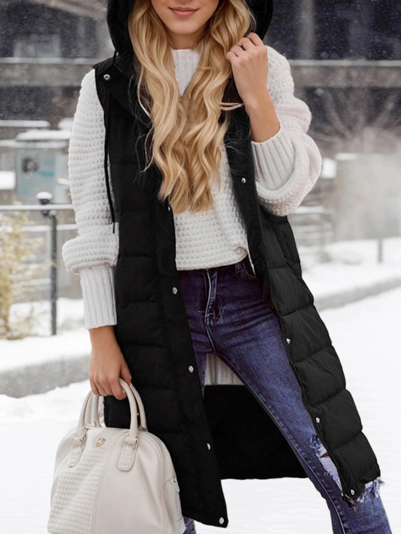 Winter Warmth Puffer Vest Soft Solid Color Sleeveless Hooded Long Vest for Women Cozy Outwear for Cold Weather 251029