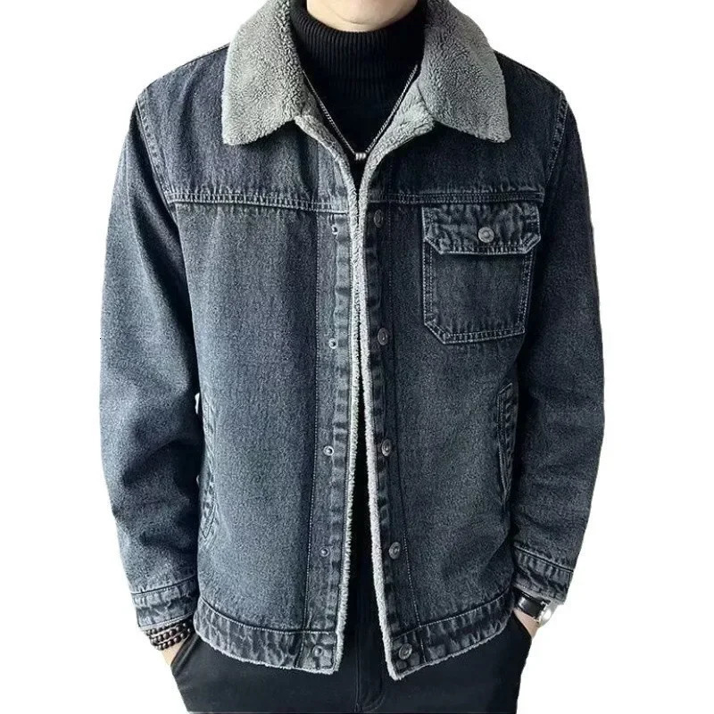 Mens Denim Jacket Fleece Lined Thickened Warm Winter Fashion Lamb Fur Collar Wear Resistant Cold Proof Outerwear 251029