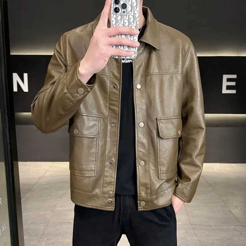 Mens Leather Jacket Mens Spring Autumn New Shirt Lapel Trend Motorcycle Leather JacketT251029