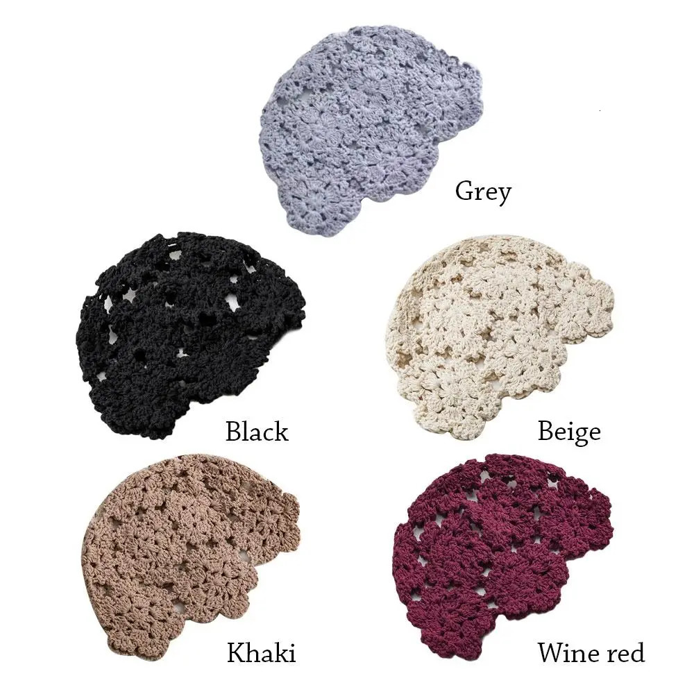 Breathable Hollowed Out Knitted Hat Flowers Casual Beret Cap Summer Fashion Cotton Skullies Sun Visor Women 251013