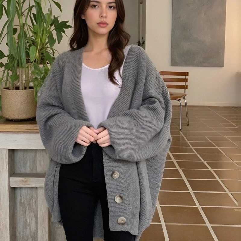 New Casual Vneck Singlebreasted Loose Knitted Cardigan Sweet Lantern Sleeve Sweater Coat Autumn Solid Color Womens KnitwearT251028