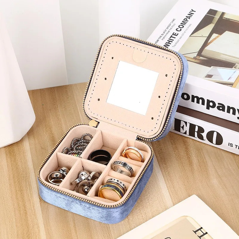 1pc Multifunction Velvet Mini Jewelry Storage Box With Mirror Portable Necklace Earring Ring Zipper Square Display Case 251013
