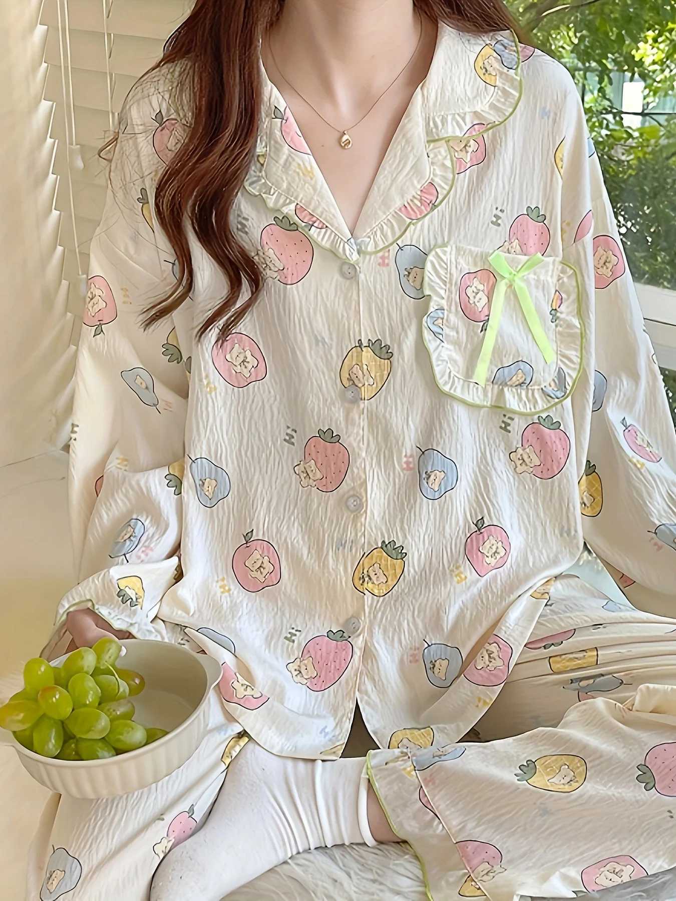New Womens Pajama Set for Spring Autumn Long Sleeve Long Pants Cute Sweet LooseFit LoungewearT251029