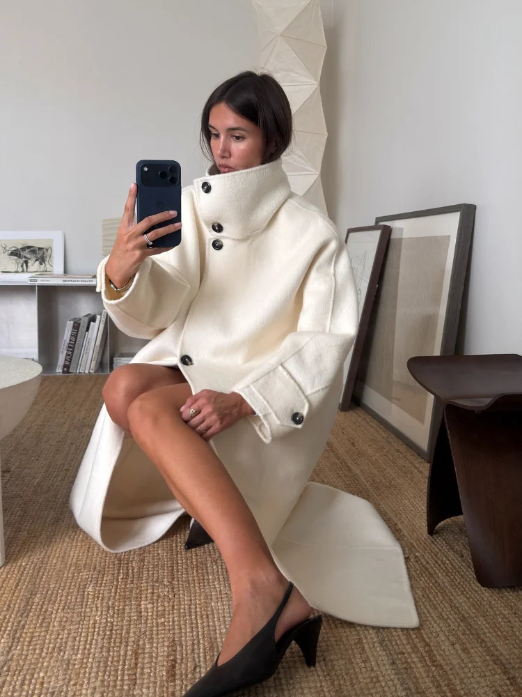 Cream Funnel Neck DoubleBreasted Wool Coat Oversize Slouchy Long Sleeve Elegant Women Outerwear Warm Office Lady Overcoat 251028