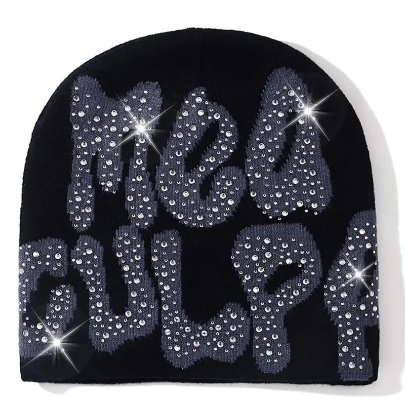 Y2K MEA Culpa Beanies Hat with Rhinestone for Women Men Beanies Hats Hiphop Soft Stretch Warm Knitted Slouchy Cap 251029