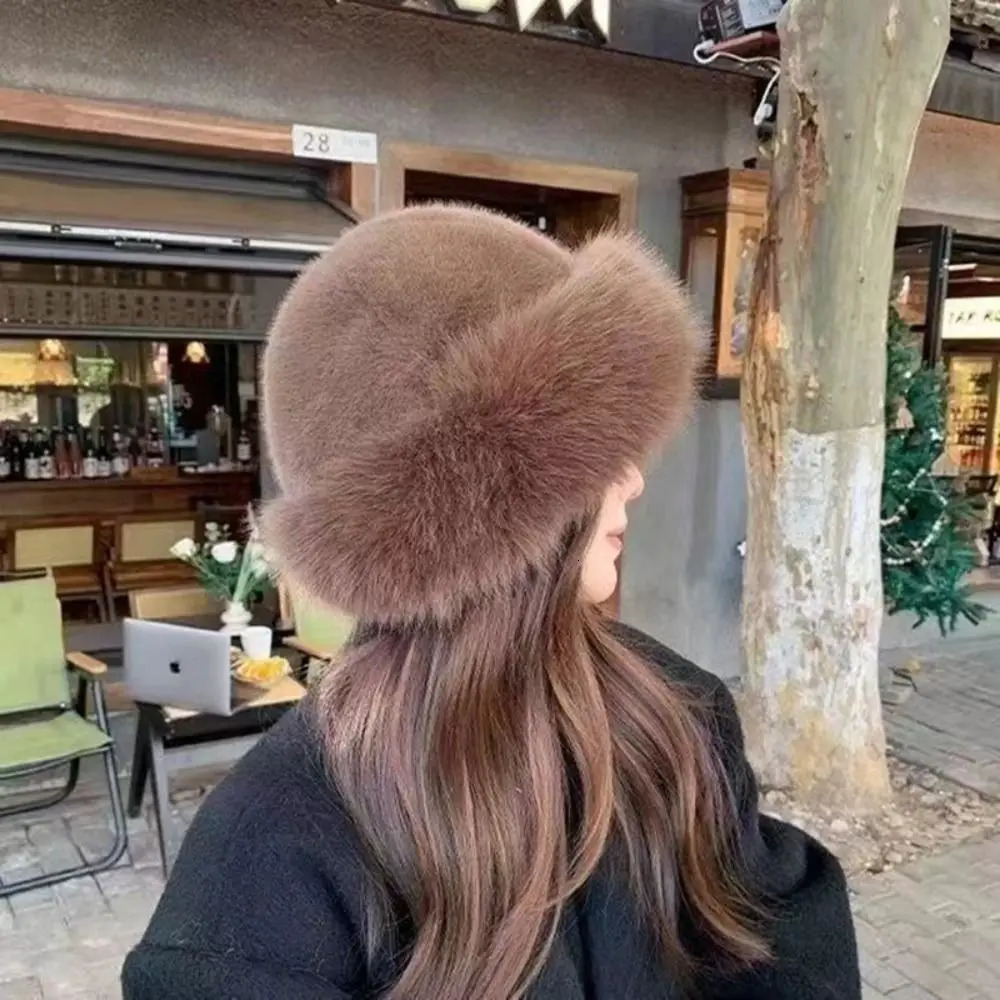 Casual Warm Cap Faux Fur Mink Hat Korean Style Bucket Hat Plush Basin Cap Solid Color Solid Beanie Winter 251029