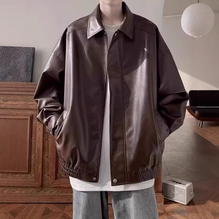 2025 American Style Designer Jacket Leather Jacket For Men Autumn And Winter High-end Feel Cool And Trendy Brand Casual Loose PU Leather Turn-down Col