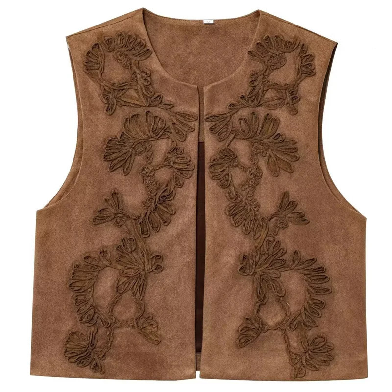 HXAO Womens Vest Crop Embroidered Waistcoat 2025 Spring Suede Sleeveless Vest Brown Red Cardigan Chic Elegant Giletes For Women 251029