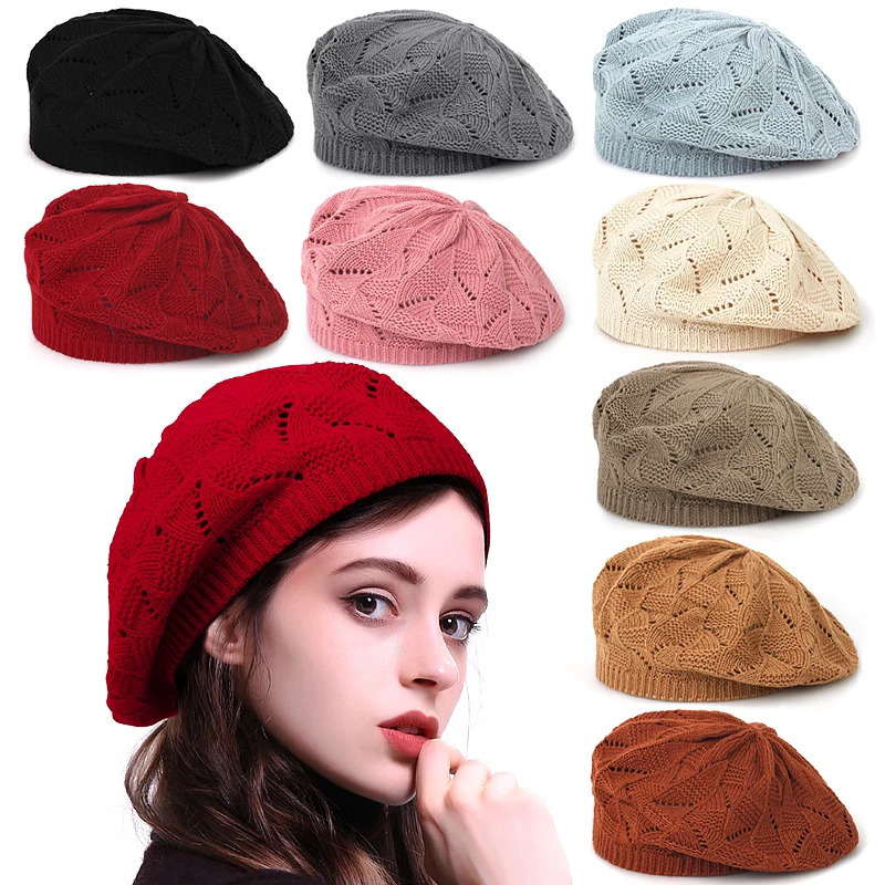 Geebro Womens Plain Color Knit Beret Hat Ladies French Artist Beret Hats Spring Casual Thin Acrylic Berets for Women Beanie 251029