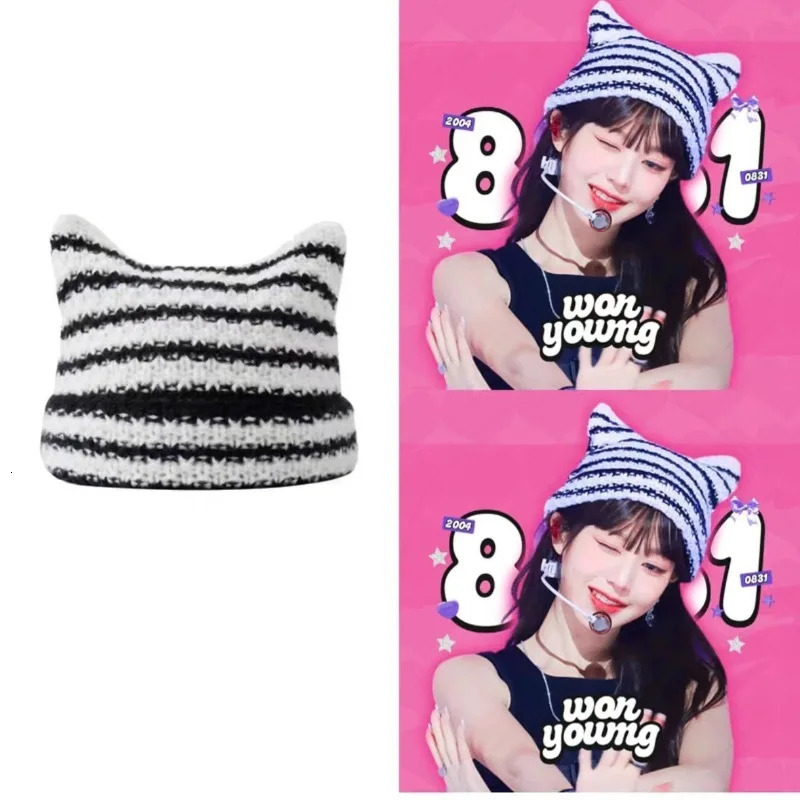 Japanese Streetwear Harajuku Beanie Little Devil Striped Knitted Hat Women Girls Autumn Winter Cute Cat Ears Cap 251029