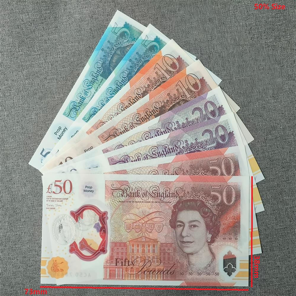 5A ULTRATHIN Clear Polymer Movie Prop Money Realistic 10 British Pound GBP Halloween Effect GBP-pound Matt Money UK 5 10 20 50 GBP Notes 70*37mm 50% Size