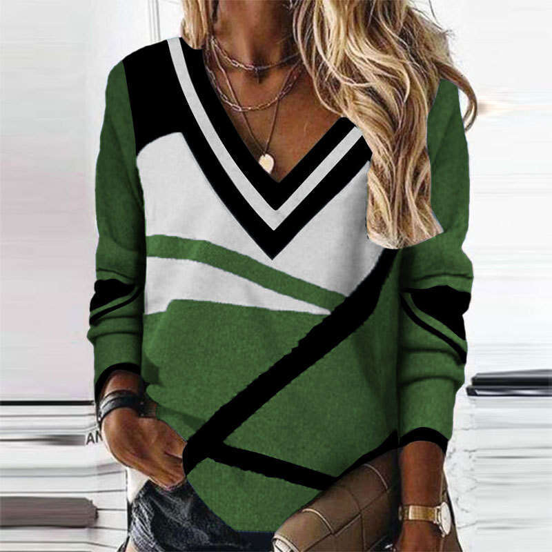 New Versatile Daily Casual Loose Hoodie Women's V Neck Contrasting Geometric Pattern Large Size Sweatshirt Top