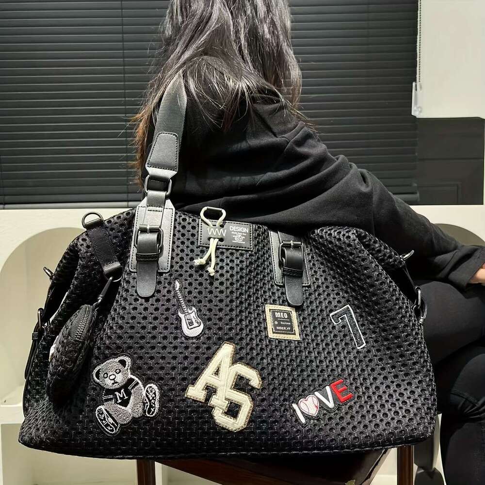 Large Capacity Shoulder Bag Women, Black With Teddy Bear Patch, Versatile Tote, Casual Vacation Handbag, Essential Travel Accessory, Ideal