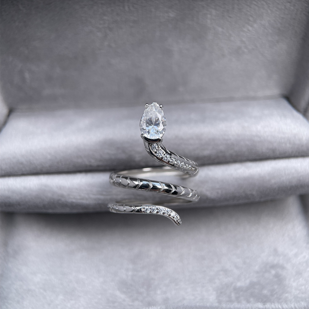 TaiYang 0.8ct Teardrop Moissanite Snake Ring for Women, Adjustable Luxurious 925 Sterling Silver Wedding Engagement Diamond Ring with Moissanite Certi