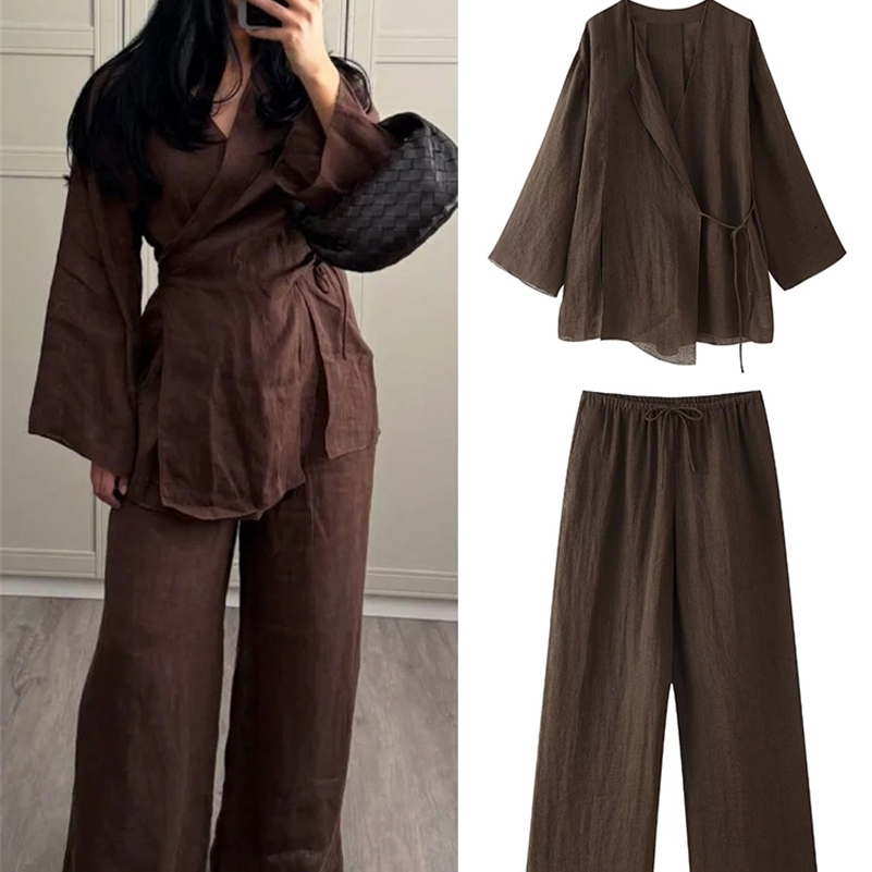 Wide Leg Pants Sets 2 Pieces Women Fashion Lace Up Kimono Tops Womens Suit Two Piece Set Spring Women Outfit 251028