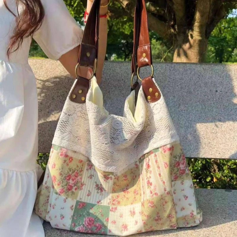 Vintage Contrast Color Patchwork Handbags Women Fairy Floral Print Chic Underarm Bag Casual Shopping Shoulder Bags Y2k Aesthetic 251029