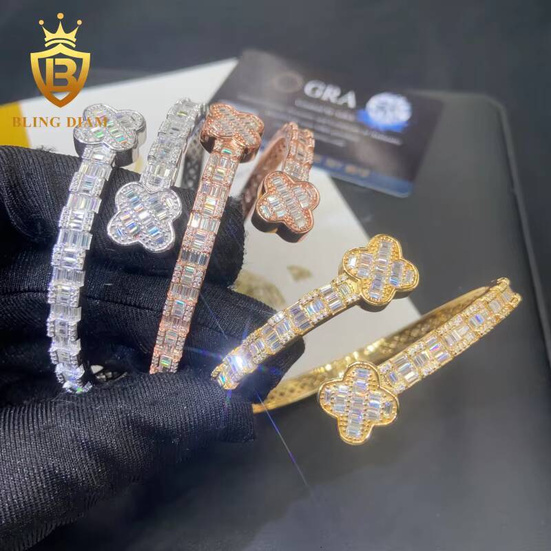 Hot Saling Fine Jewelry Four Leaf Clover Bangle 925 Sterling Silver Iced Out VVS Moissanite Hip Hop Bracelet Pass Diamond Tester