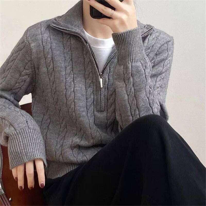 2025 Winter Knit Korea Women Zipper Hemp Pattern All-Match Sweater Autumn Loose Turtleneck Pullover Crochet Tops Designer Sweater Women Bear Sweater