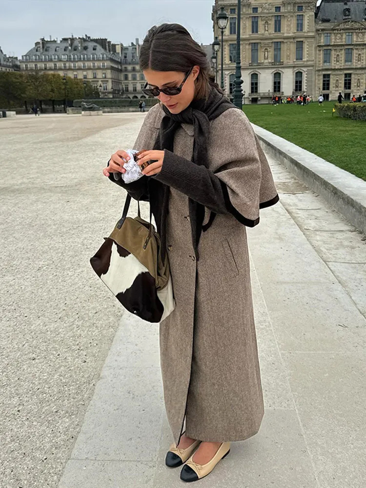 Elegant Cloak Double Breasted Long Coats Women Retro Lapel Side Loose Coat Female Autumn Winter Fashion Lady Outwear 251028