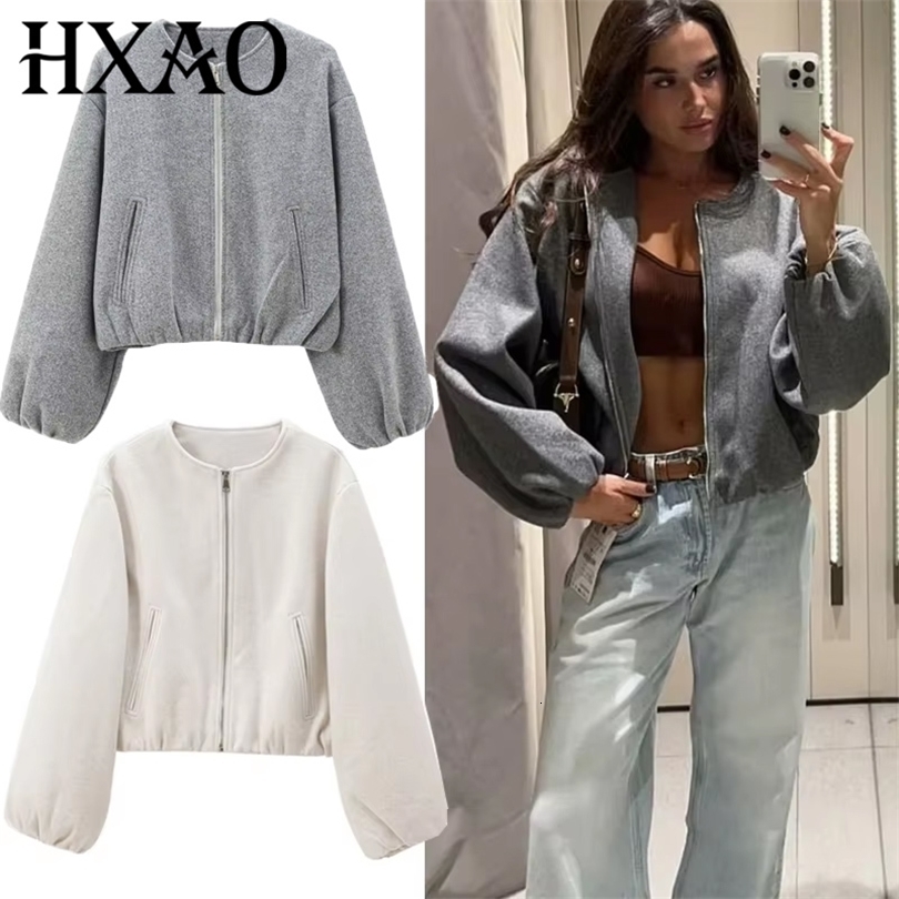 HXAO Outerwears Cropped Bomber Jacket Women Autumn Long Sleeve Faux Wool Coats For Woman Winter Zip Up Gray Beige Short 251021