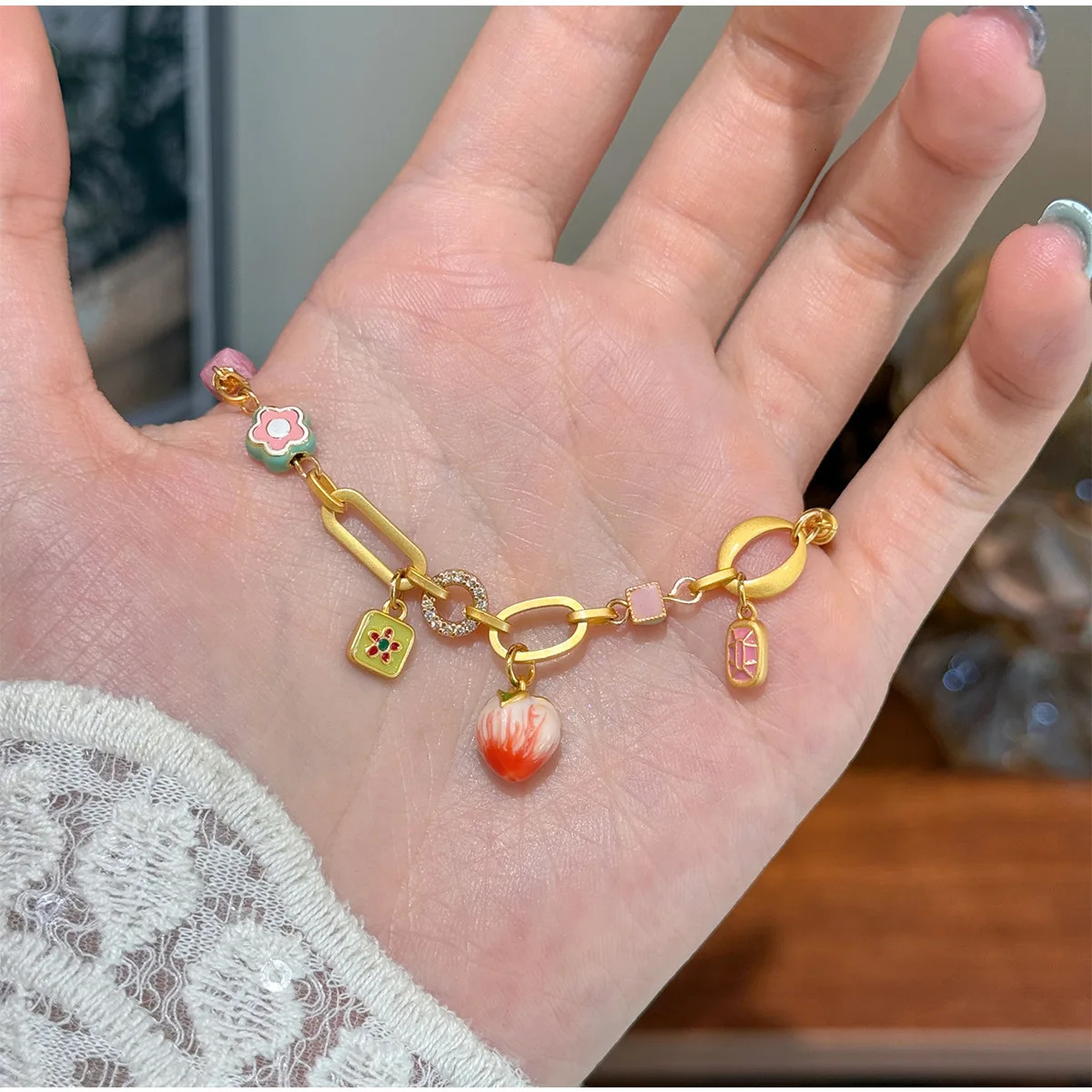 Fashion ChainLink Bracelets Women Peach Flower Enamel Charms Girl Bracelet Gold Color Adjust Wristband Jewelry 251024