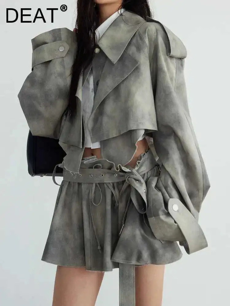 DEAT Fashion Womens Camouflage Print Dye 2 Pcs Set Lapel Loose Short High Sashes Mini Skirt Suit Autumn 1DH7478 251029