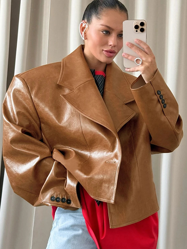 Retro PU Leather Short Jacket Women 2025 Chic Street Pad Shoulder Lapel Single Breasted Jackets Coat Female Casual Loose Outwear 251029